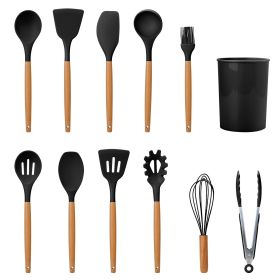 11Pcs Silicone Cooking Utensil Set Heat Resist Wooden Handle Silicone Spatula Turner Ladle Spaghetti Server Tongs Spoon Egg Whish Kitchenware Set w/ H (Option: UtensilSet Black)